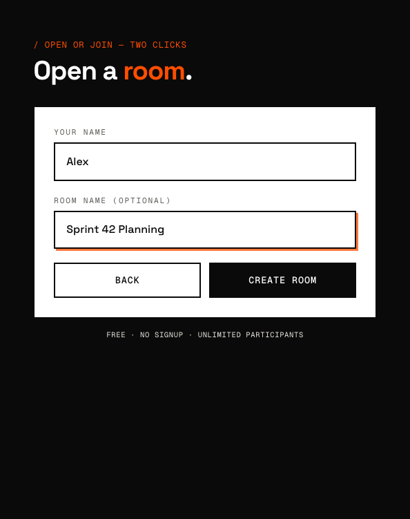ScrumChamps planning poker room creation form with name and room name fields