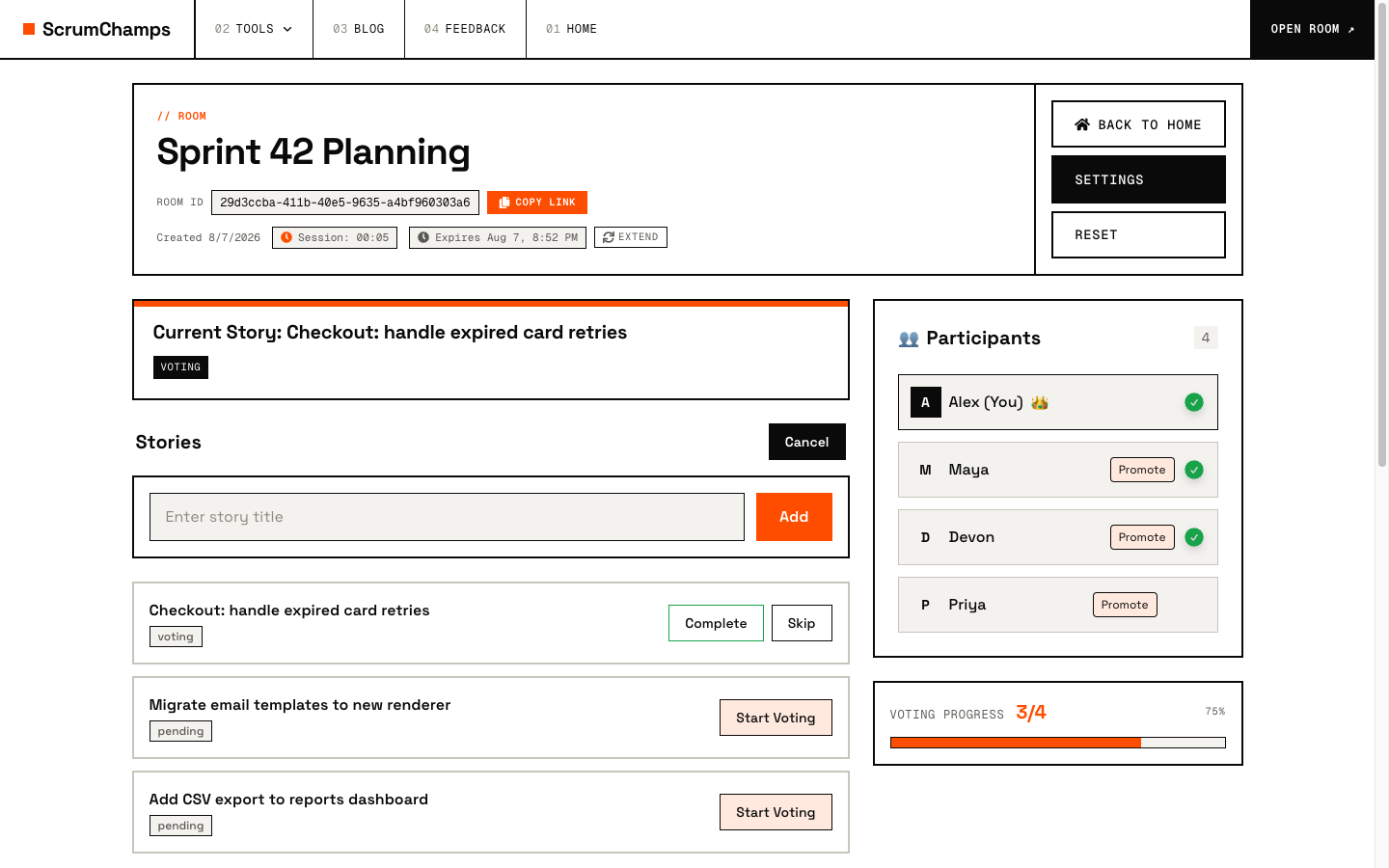 Host view of a ScrumChamps planning poker room mid-vote, with four participants, a 3-of-4 voting progress bar, and the story queue