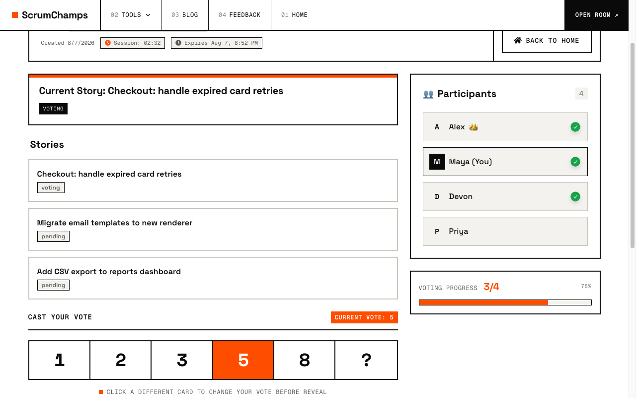 Participant view of ScrumChamps voting cards with the 5 card selected and voting progress at 3 of 4